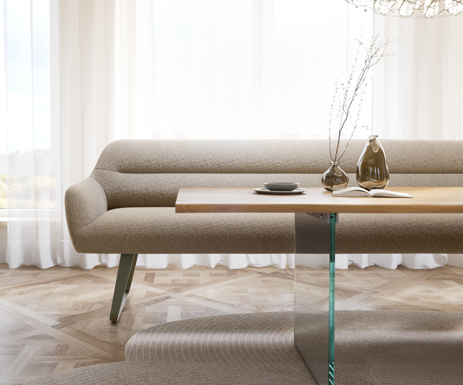 Étkezőpad Taya-Flex 300 cm bouclé sötét bézs vékony láb lapos titánszínű hatású rozsdamentes acél zsákrugós matraccal - Image 2