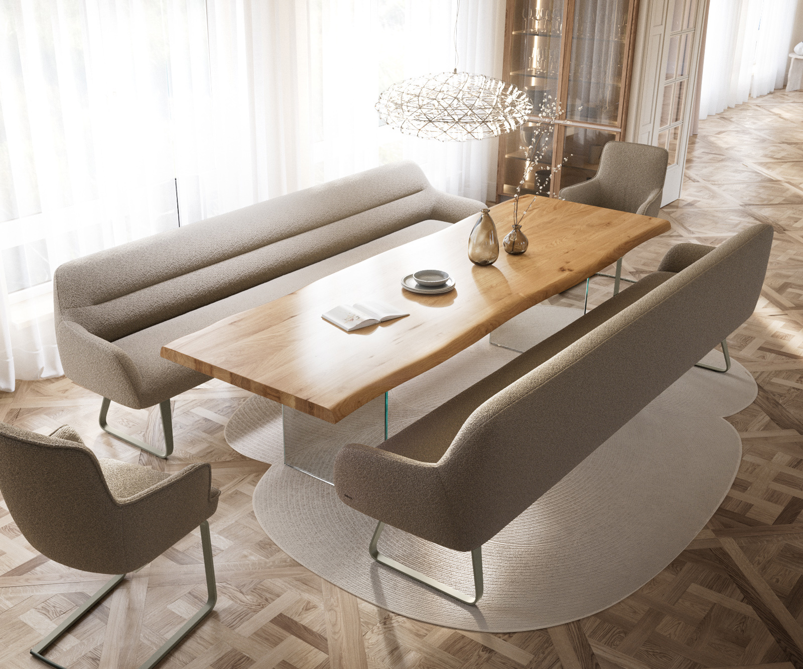 Étkezőpad Taya-Flex 300 cm bouclé sötét bézs vékony láb lapos titánszínű hatású rozsdamentes acél zsákrugós matraccal - Image 4