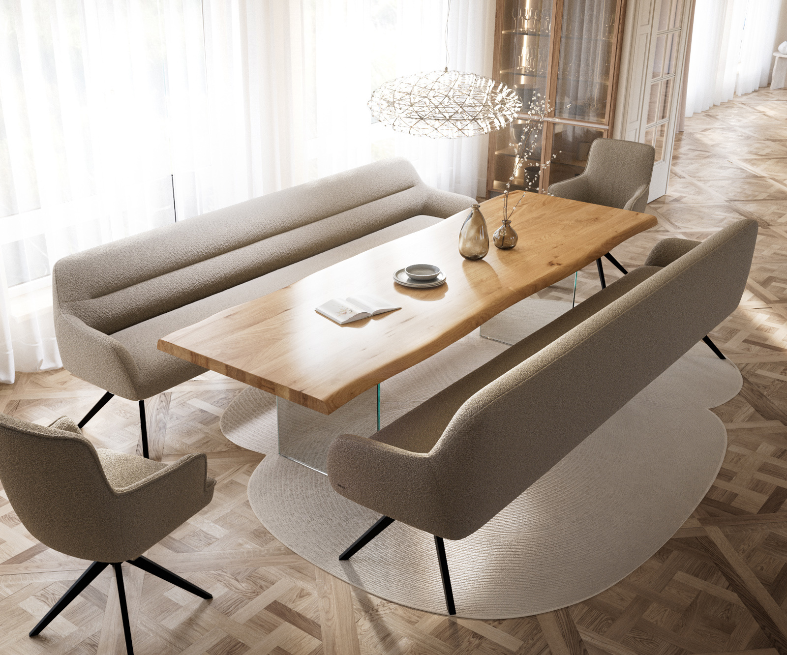 Étkezőpad Taya-Flex 300 cm bouclé sötét bézs kereszt láb szögletes fekete zsákrugós - Image 4