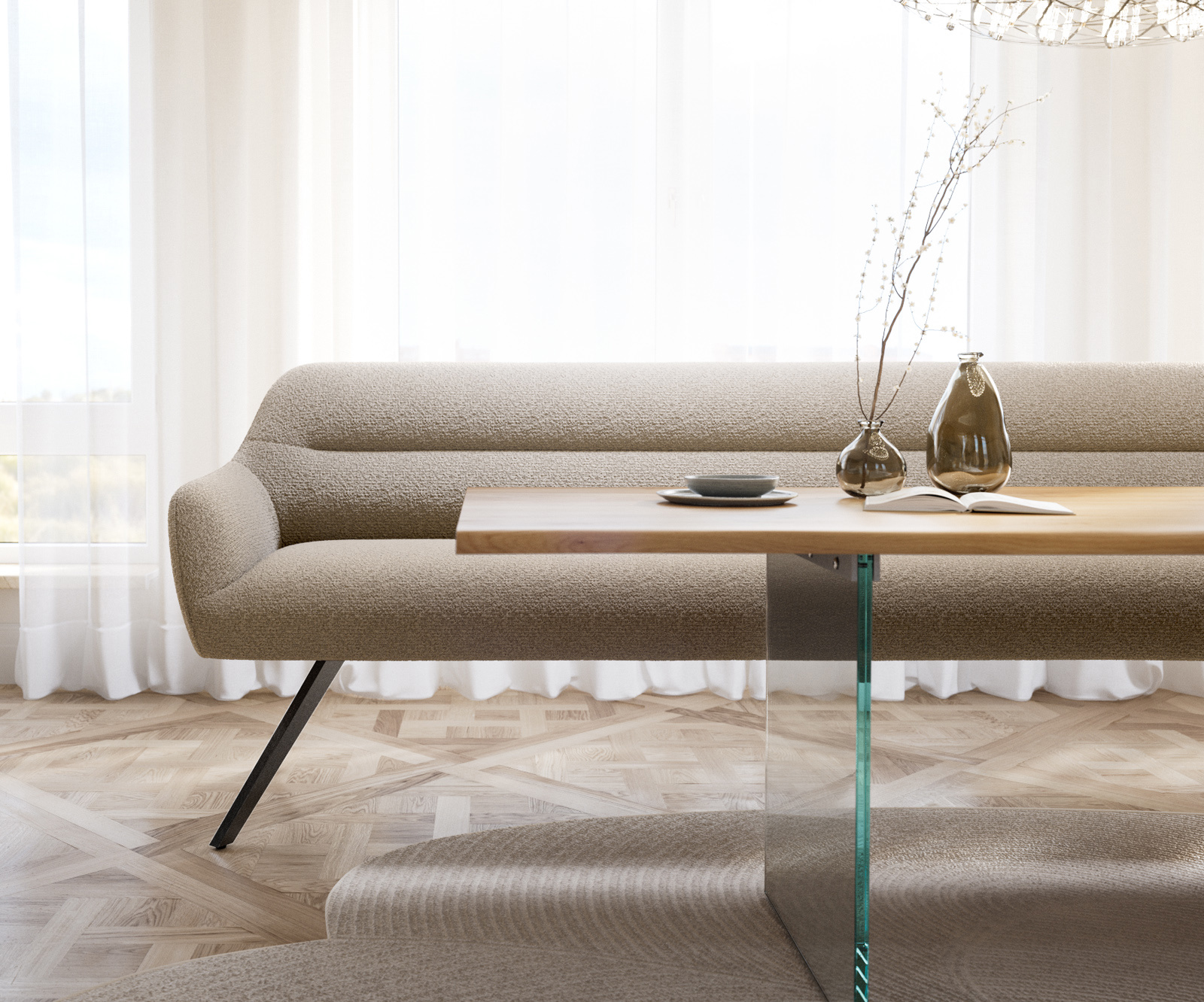 Étkezőpad Taya-Flex 300 cm bouclé sötét bézs kereszt láb szögletes grafit zsákrugó - Image 2