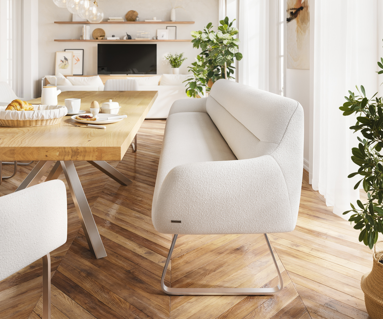 Étkezőpad Taya-Flex 300 cm bouclé krémfehér vékony láb lapos rozsdamentes acél zsákrugó - Image 2