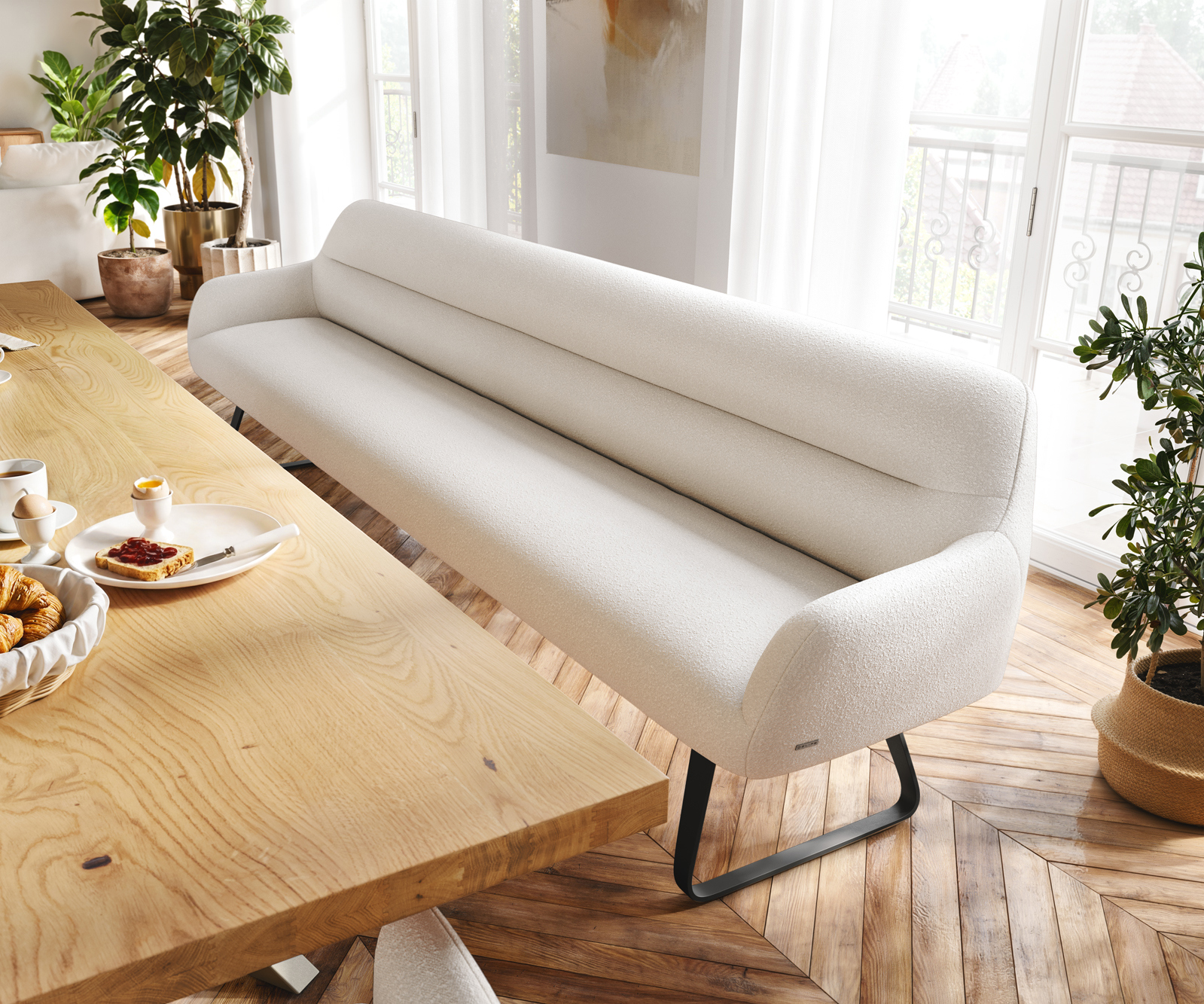 Étkezőpad Taya-Flex 300 cm bouclé fehér-bézs vékony láb lapos fekete zsákrugós