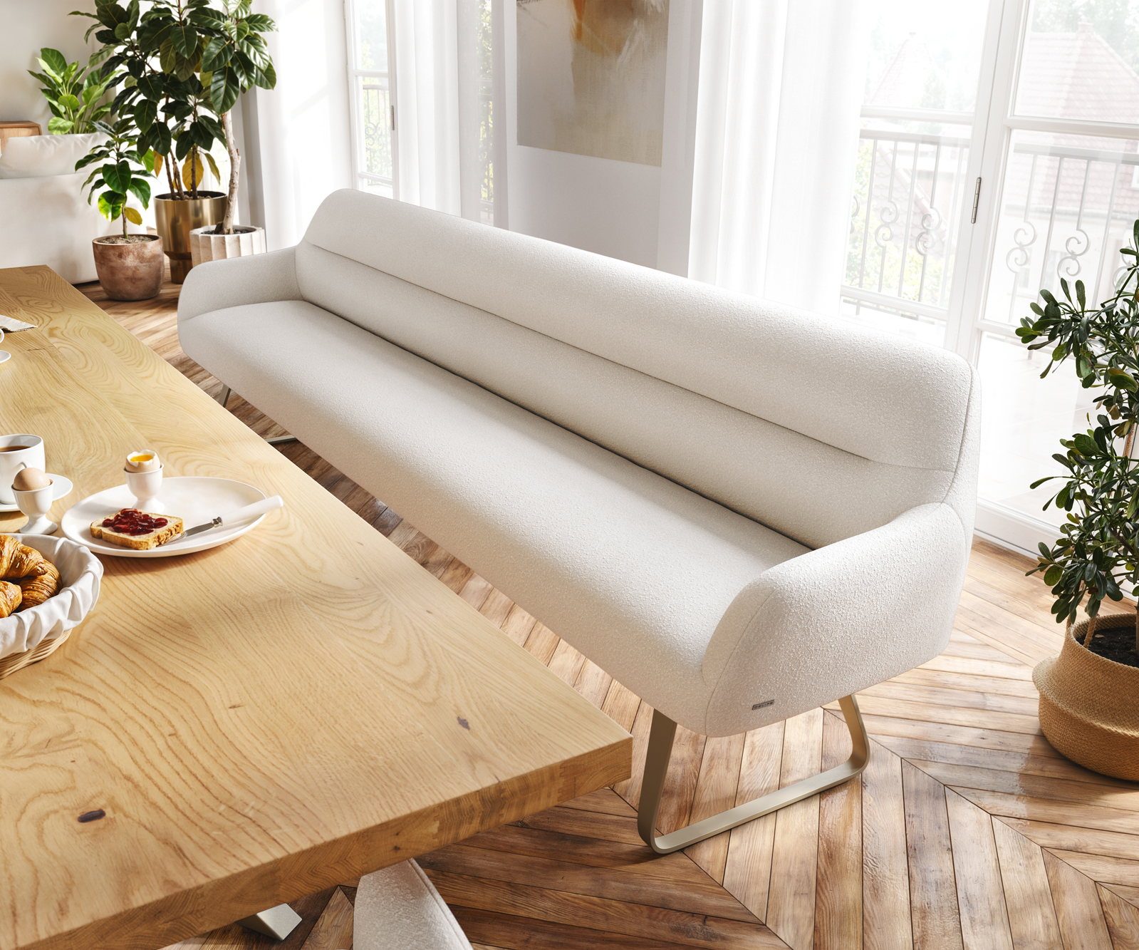 Étkezőpad Taya-Flex 300 cm bouclé krémfehér vékony láb lapos titán színű hatás zsákrugós