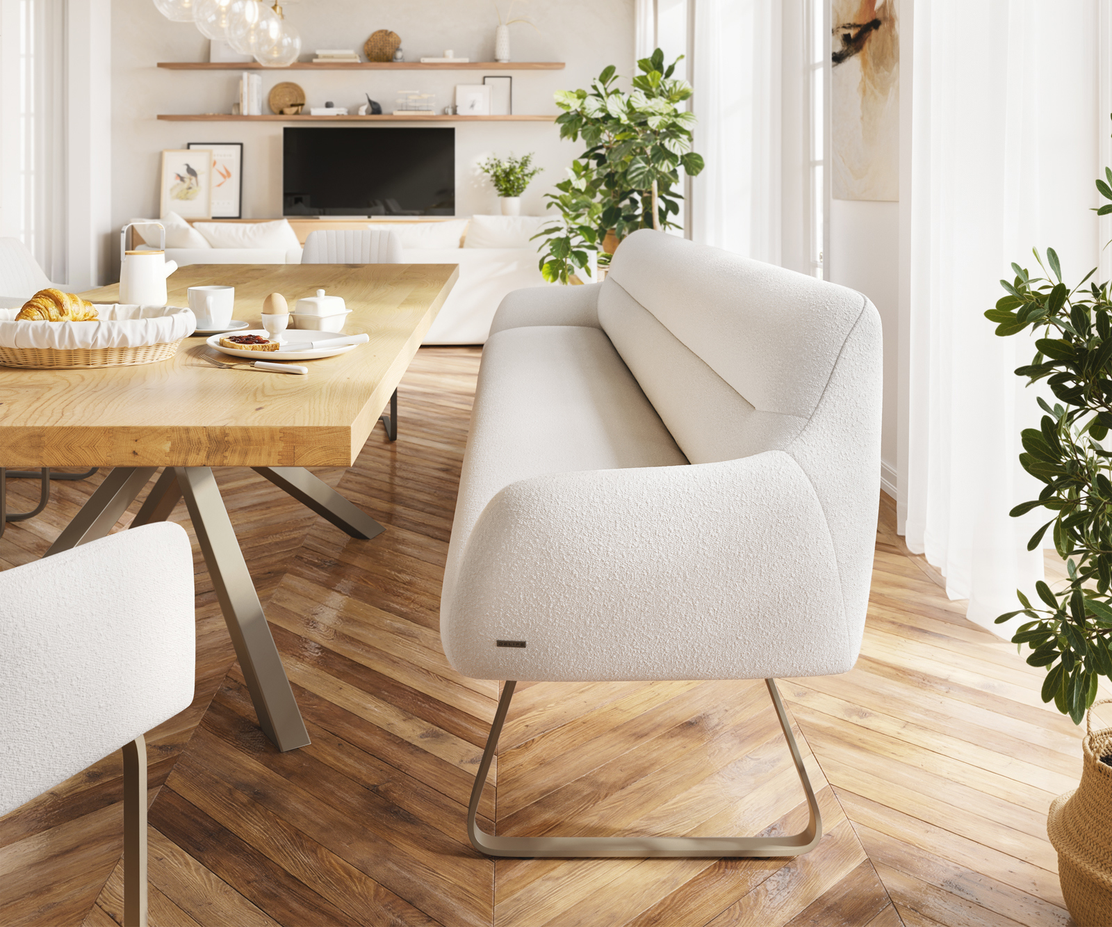 Étkezőpad Taya-Flex 300 cm bouclé krémfehér vékony láb lapos titán színű hatás zsákrugós - Image 2