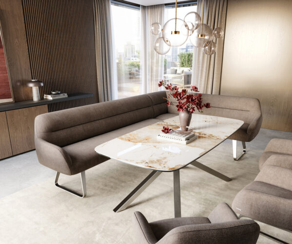 Étkezőpad Taya-Flex 285x190 cm strukturált szövet puha taupe vékony láb rozsdamentes acél zsákrugó bal