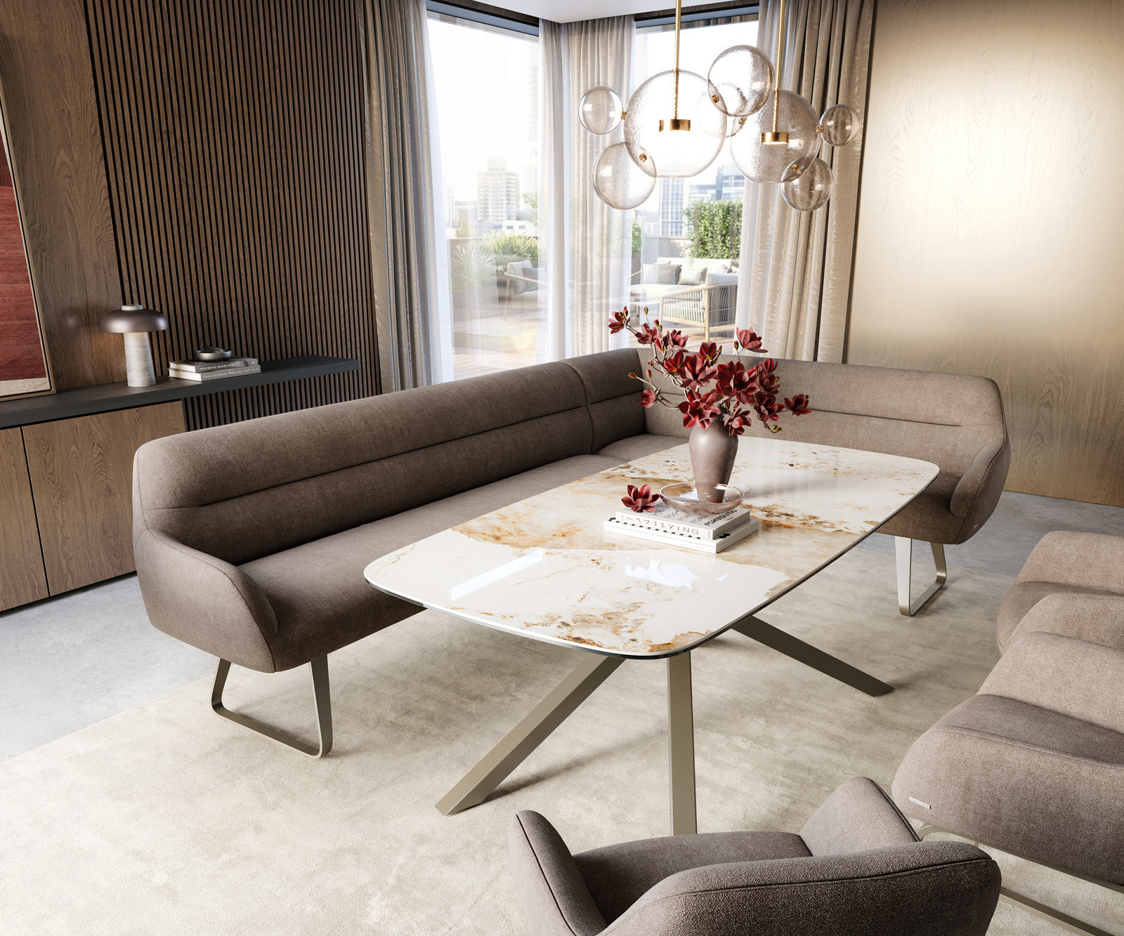 Étkezőpad Taya-Flex 285x190 cm strukturált szövet puha taupe vékony láb lapos titán színű hatású zsákrugós bal