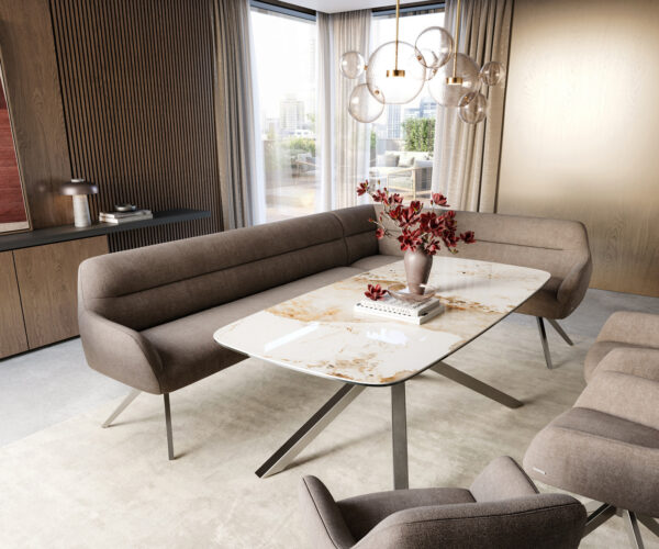 Étkezőpad Taya-Flex 285x190 cm strukturált szövet puha taupe kereszt láb szögletes rozsdamentes acél zsákrugó bal