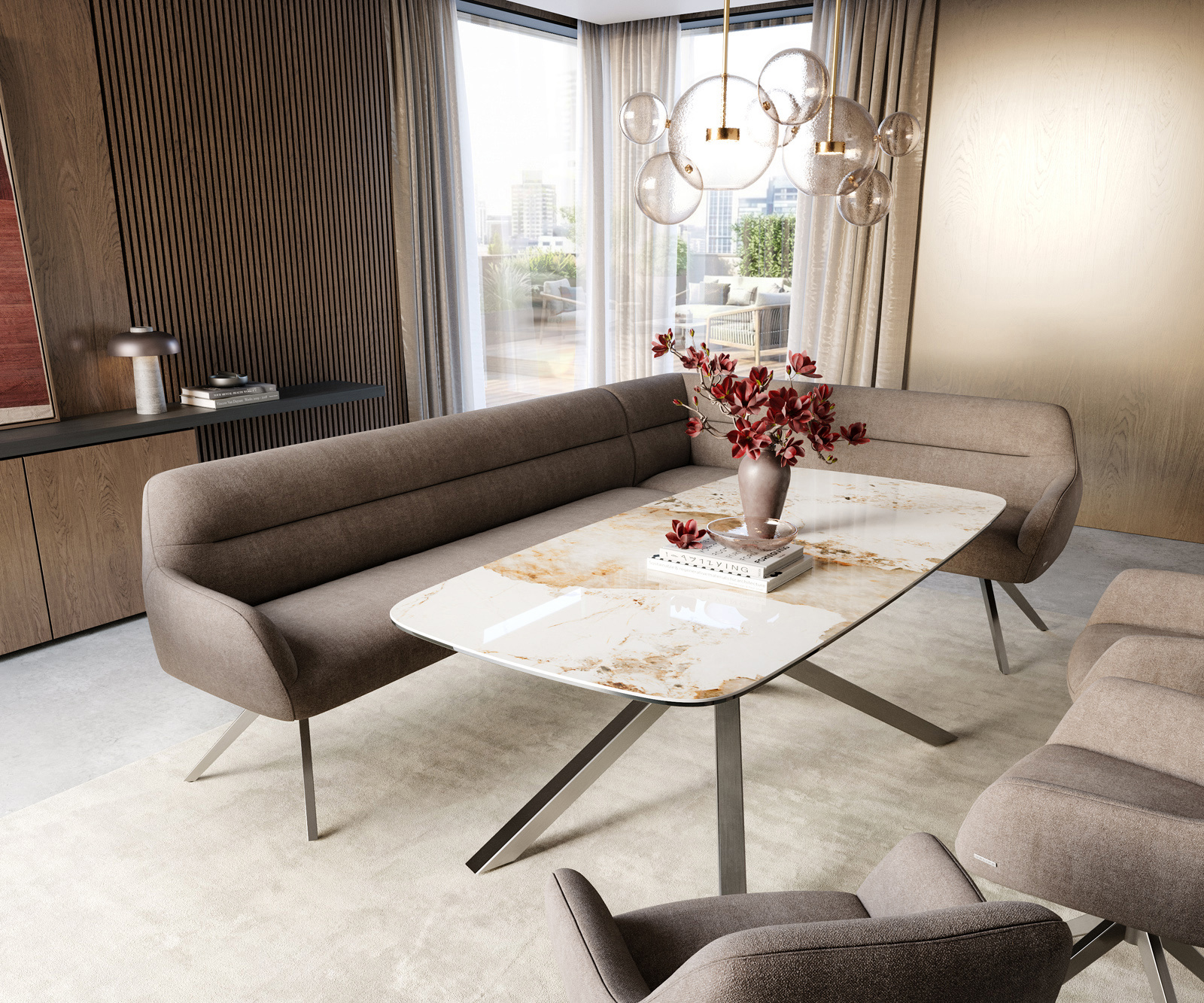 Étkezőpad Taya-Flex 285x190 cm strukturált szövet puha taupe kereszt láb szögletes rozsdamentes acél zsákrugó bal