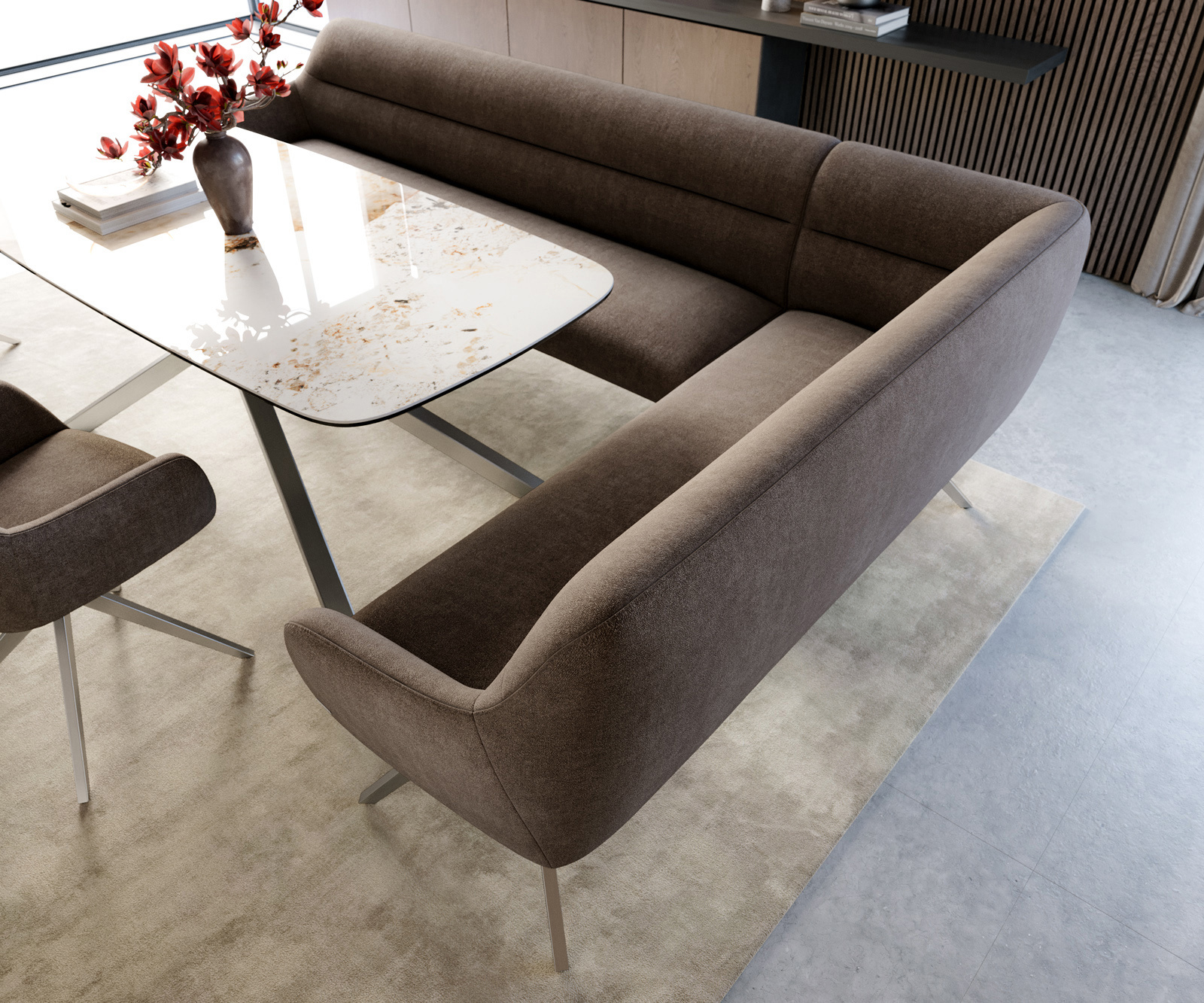 Étkezőpad Taya-Flex 285x190 cm strukturált szövet puha taupe kereszt láb szögletes rozsdamentes acél zsákrugó bal - Image 4