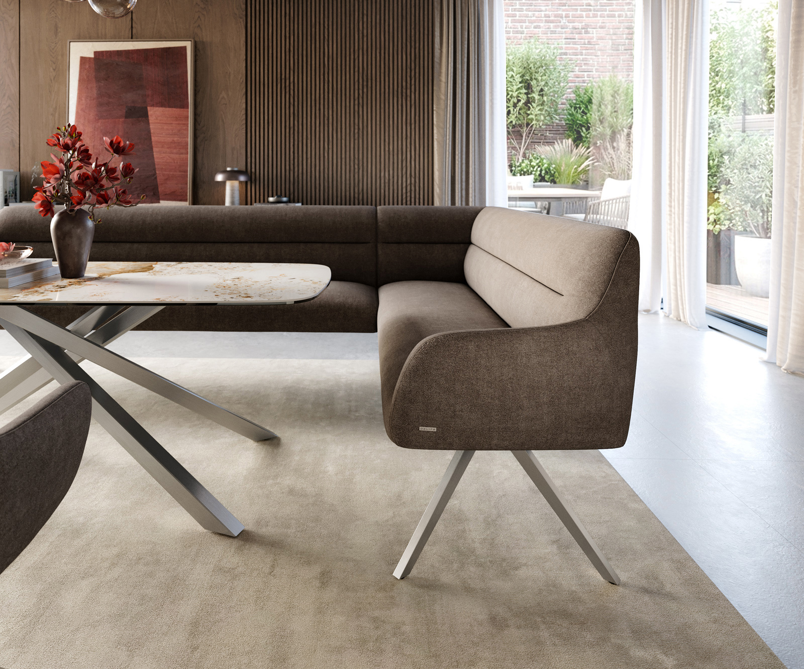 Étkezőpad Taya-Flex 285x190 cm strukturált szövet puha taupe kereszt láb szögletes rozsdamentes acél zsákrugó bal - Image 5