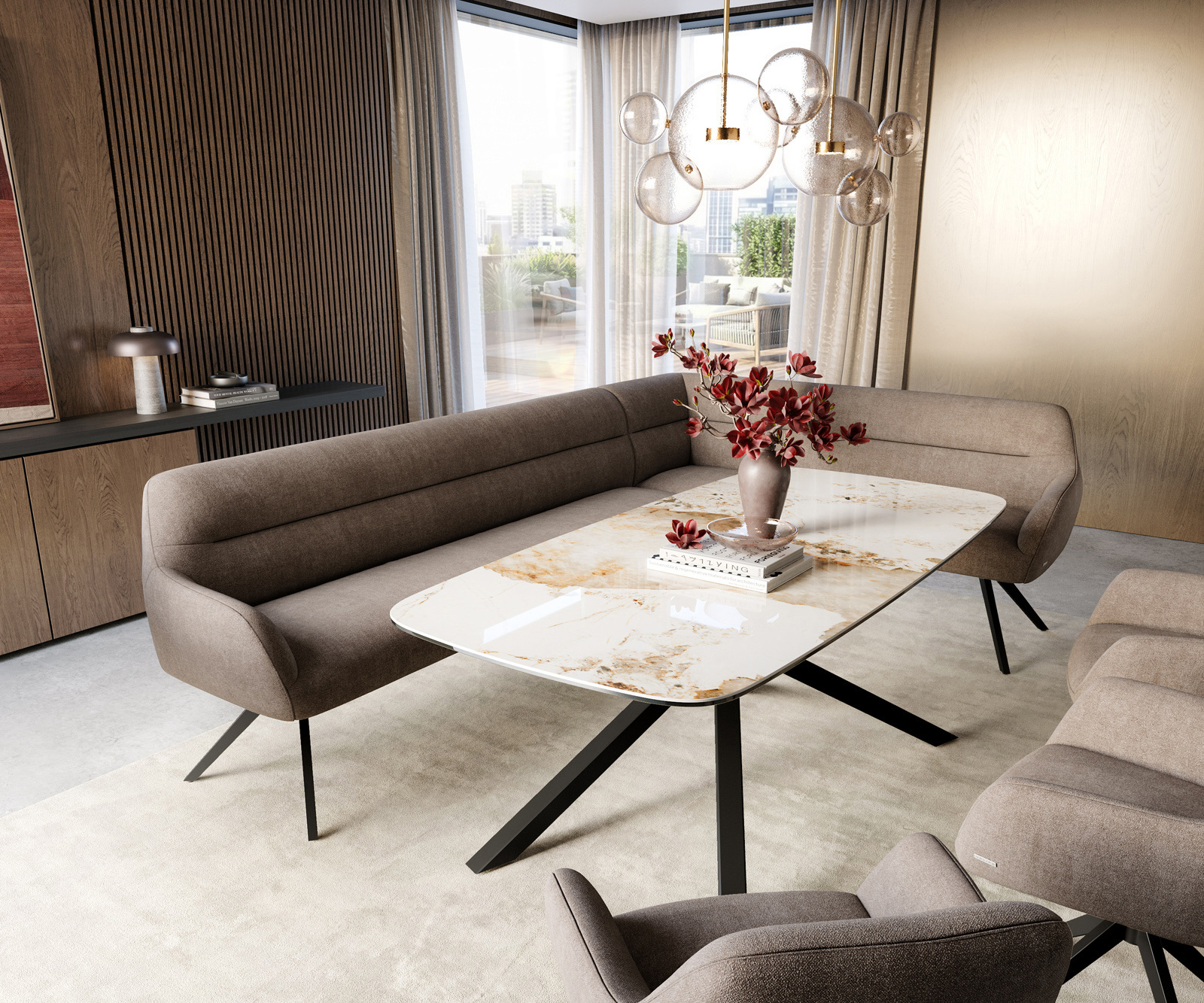 Étkezőpad Taya-Flex 285x190 cm strukturált szövet puha taupe kereszt láb szögletes fekete zsákrugó bal