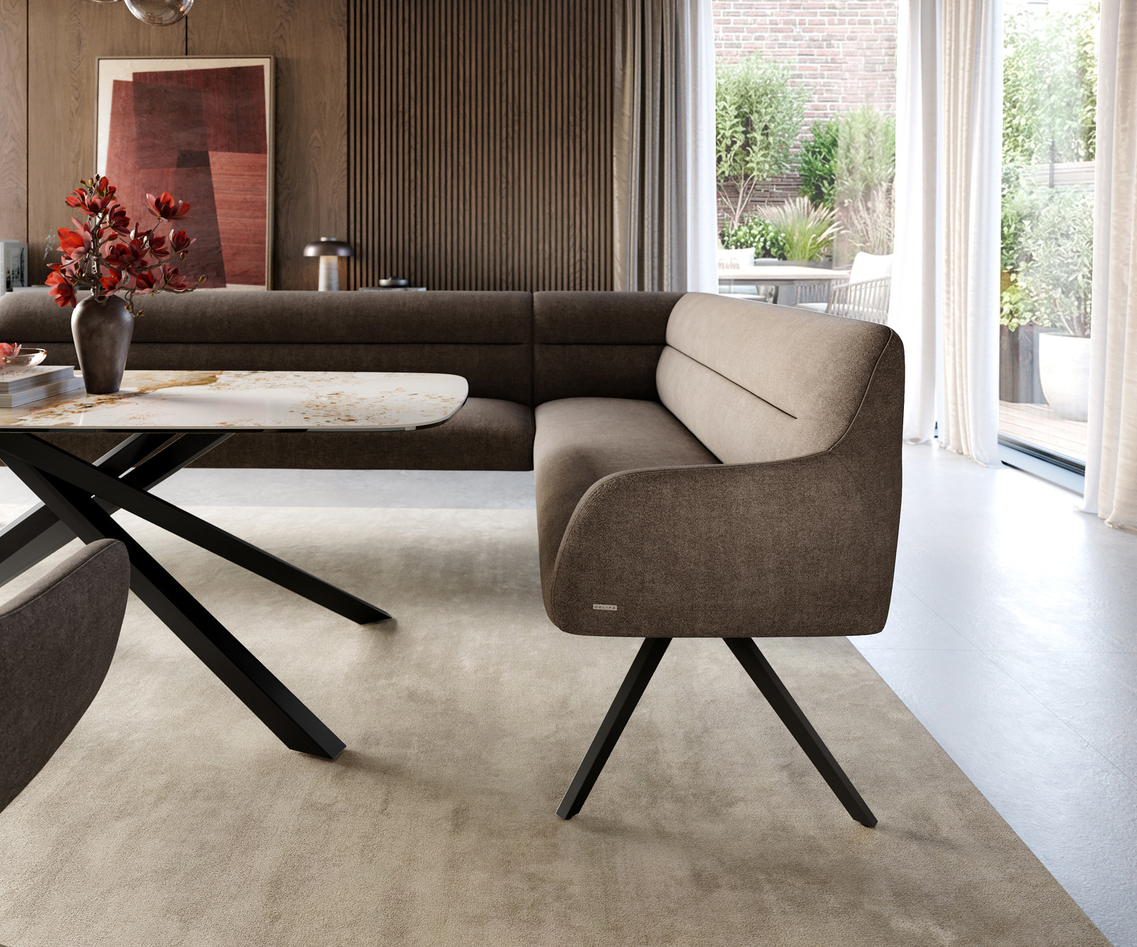 Étkezőpad Taya-Flex 285x190 cm strukturált szövet puha taupe kereszt láb szögletes fekete zsákrugó bal - Image 5