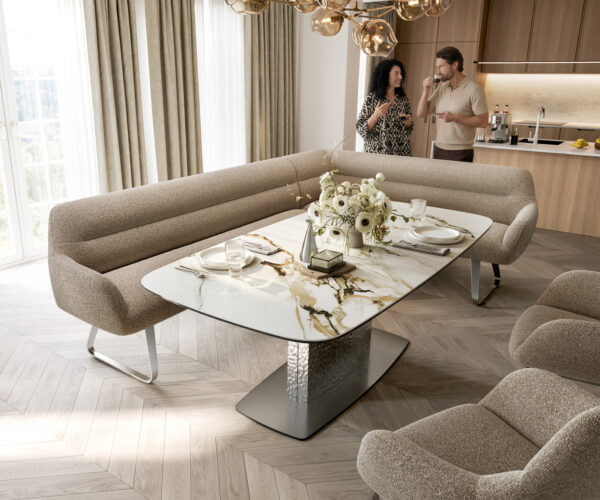 Étkezőpad Taya-Flex 285x190 cm bouclé sötét bézs vékony láb lapos rozsdamentes acél zsákrugó bal