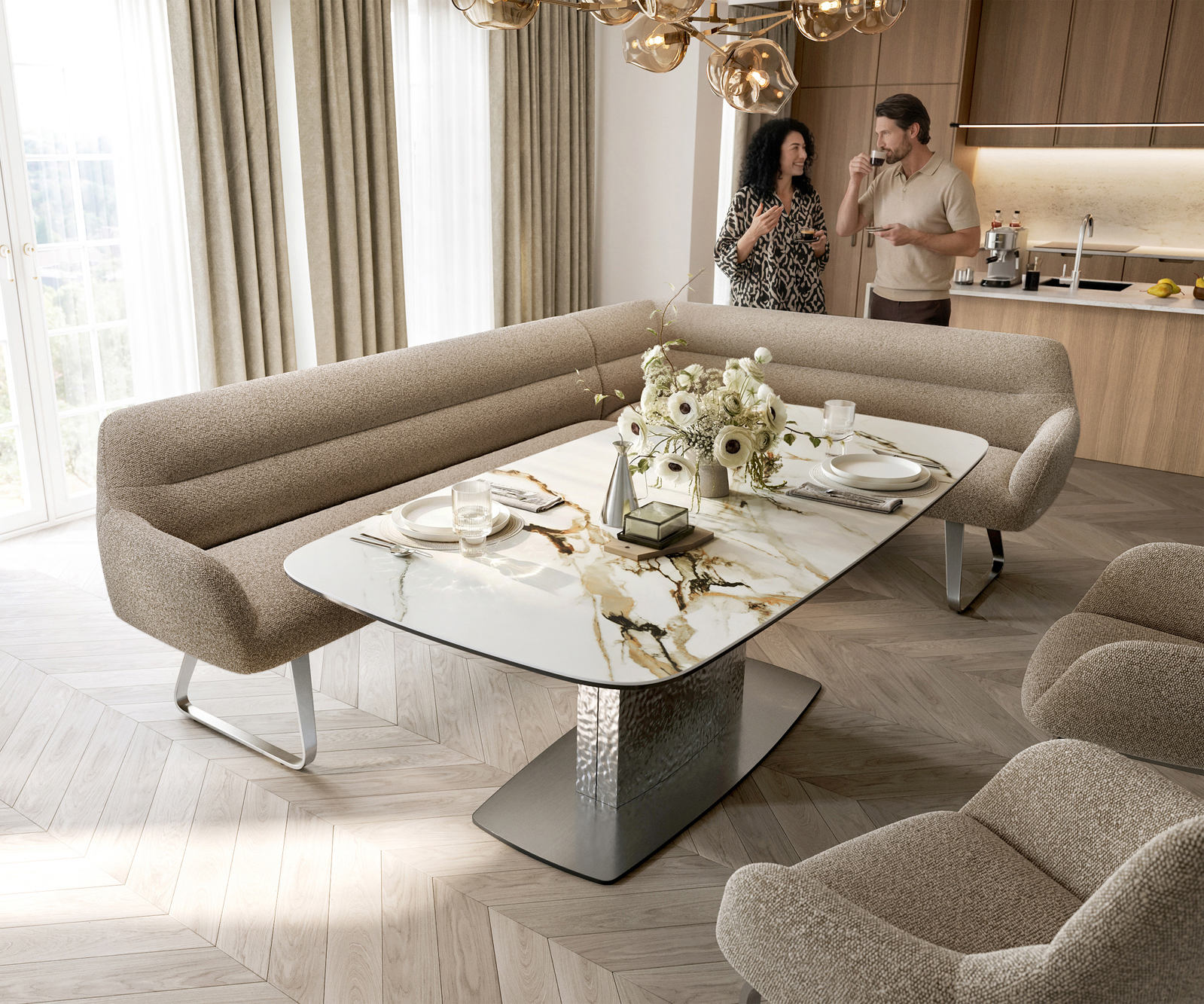 Étkezőpad Taya-Flex 285x190 cm bouclé sötét bézs vékony láb lapos rozsdamentes acél zsákrugó bal