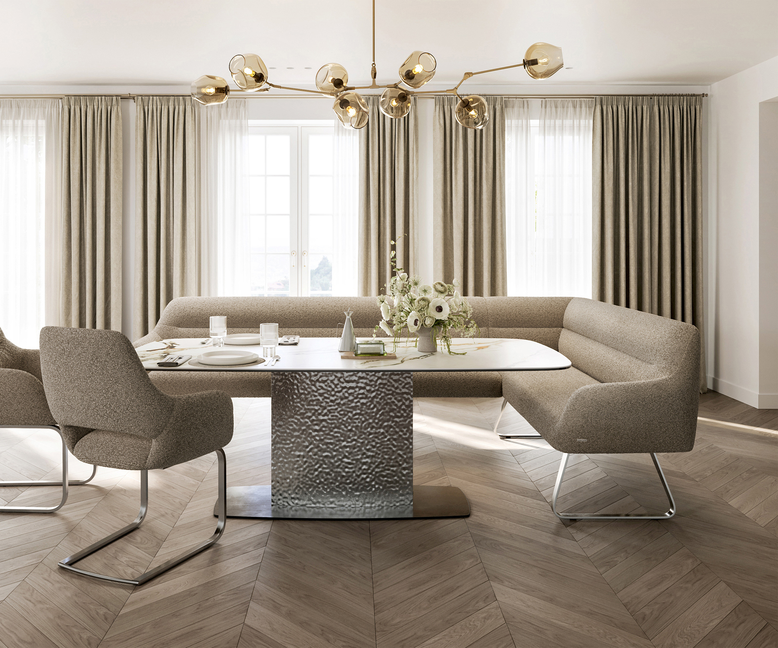 Étkezőpad Taya-Flex 285x190 cm bouclé sötét bézs vékony láb lapos rozsdamentes acél zsákrugó bal - Image 2