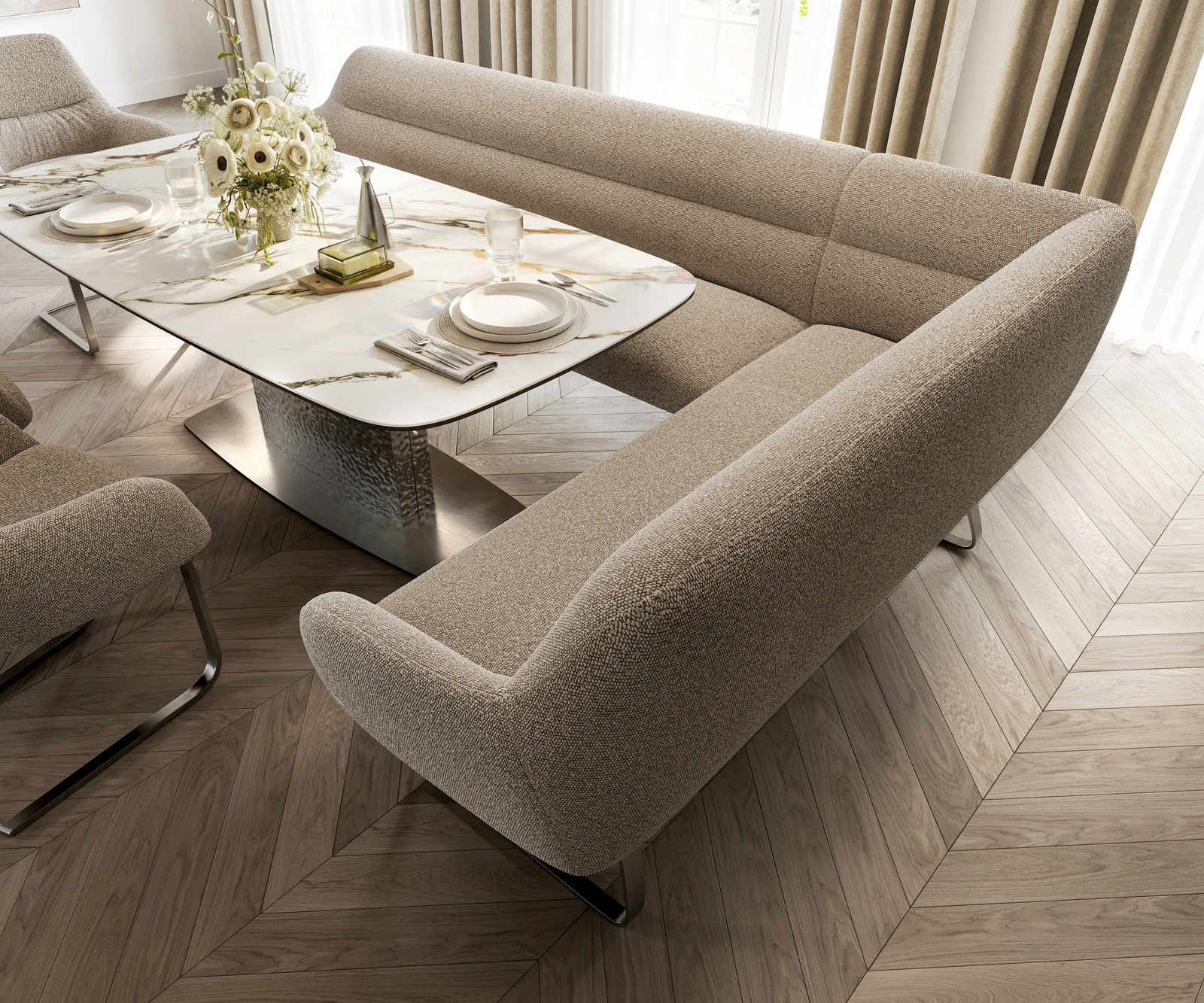 Étkezőpad Taya-Flex 285x190 cm bouclé sötét bézs vékony láb lapos rozsdamentes acél zsákrugó bal - Image 4