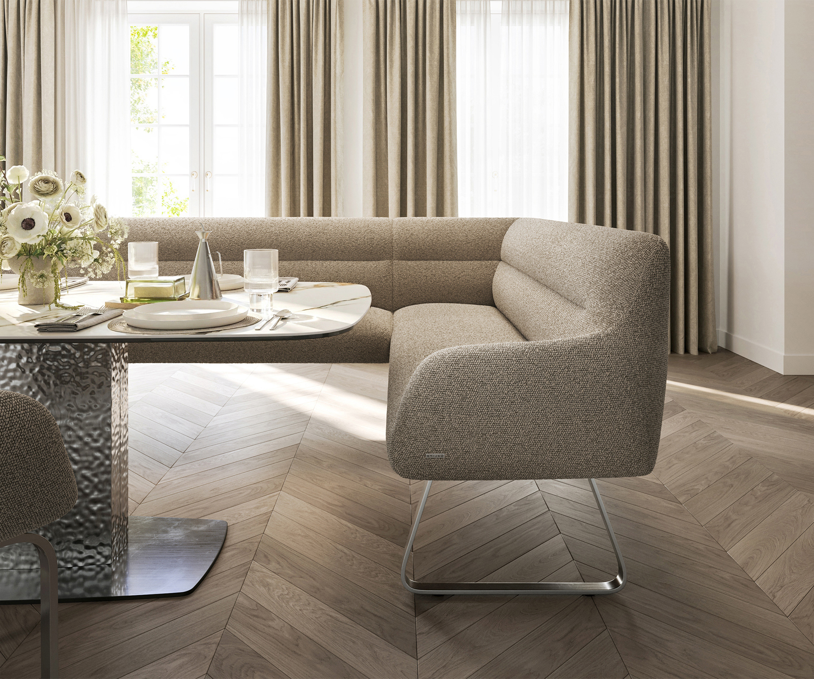 Étkezőpad Taya-Flex 285x190 cm bouclé sötét bézs vékony láb lapos rozsdamentes acél zsákrugó bal - Image 5