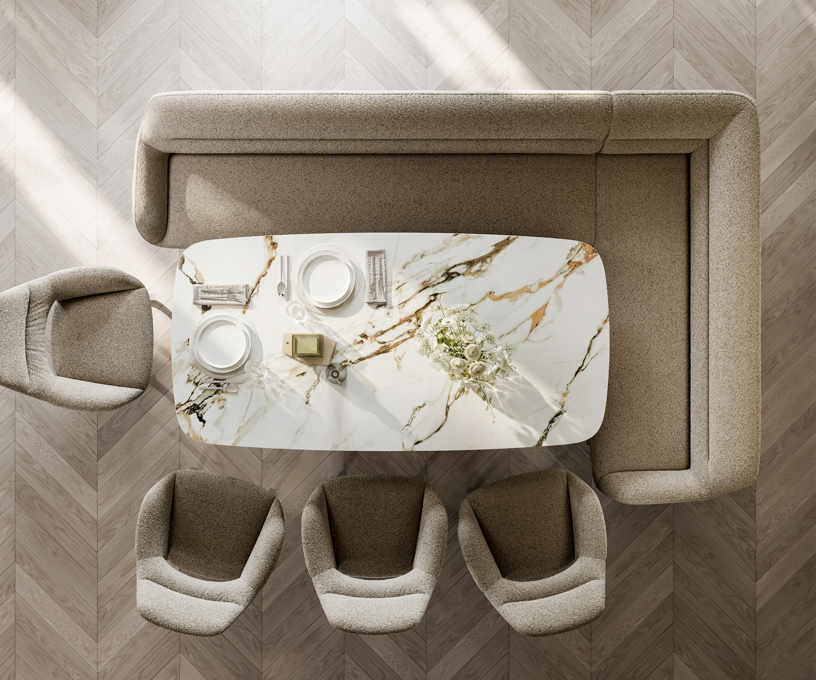 Étkezőpad Taya-Flex 285x190 cm bouclé sötét bézs vékony láb lapos rozsdamentes acél zsákrugó bal - Image 6