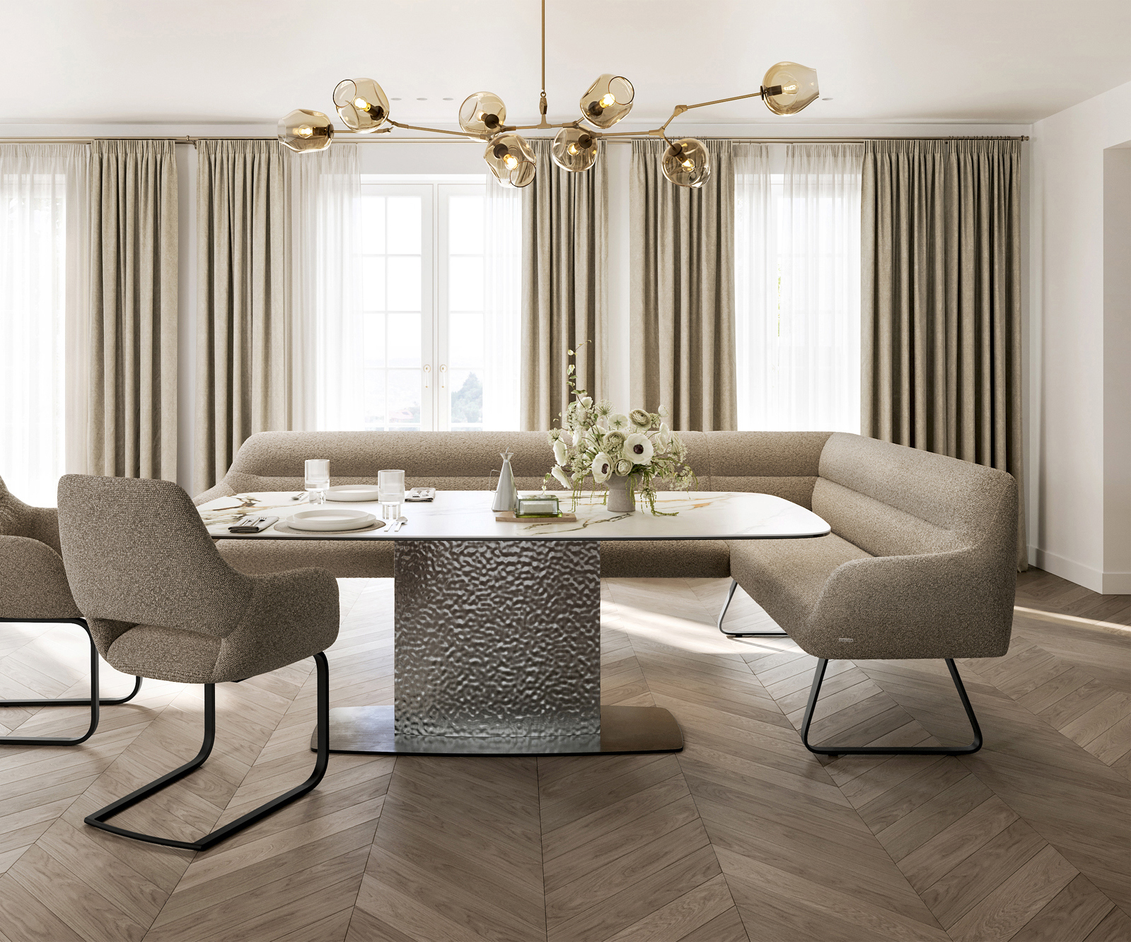 Étkezőpad Taya-Flex 285x190 cm bouclé sötét bézs vékony láb lapos fekete zsákrugó bal - Image 2