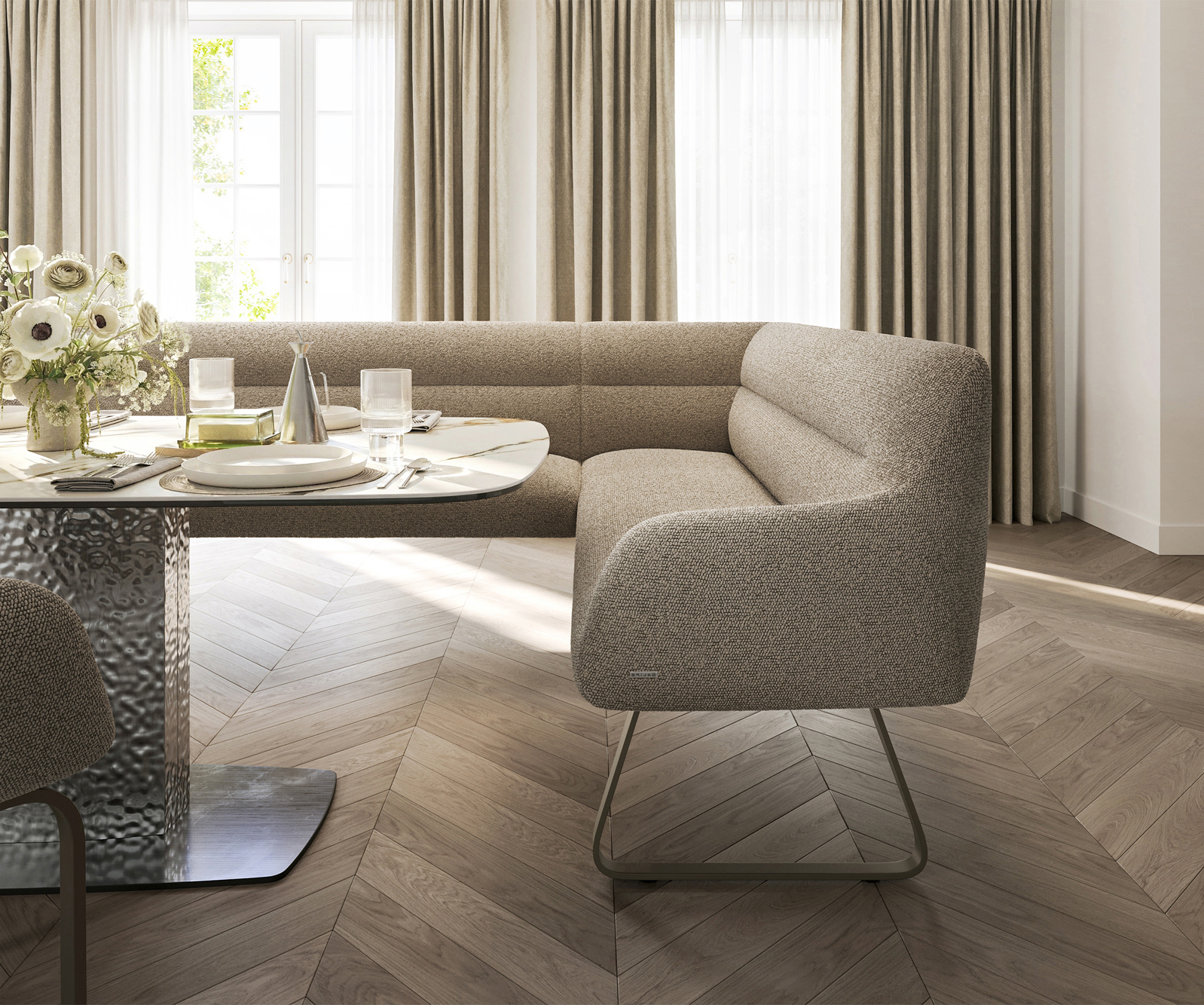 Étkezőpad Taya-Flex 285x190 cm bouclé sötét bézs vékony láb lapos titán színű hatású zsákrugós bal - Image 5