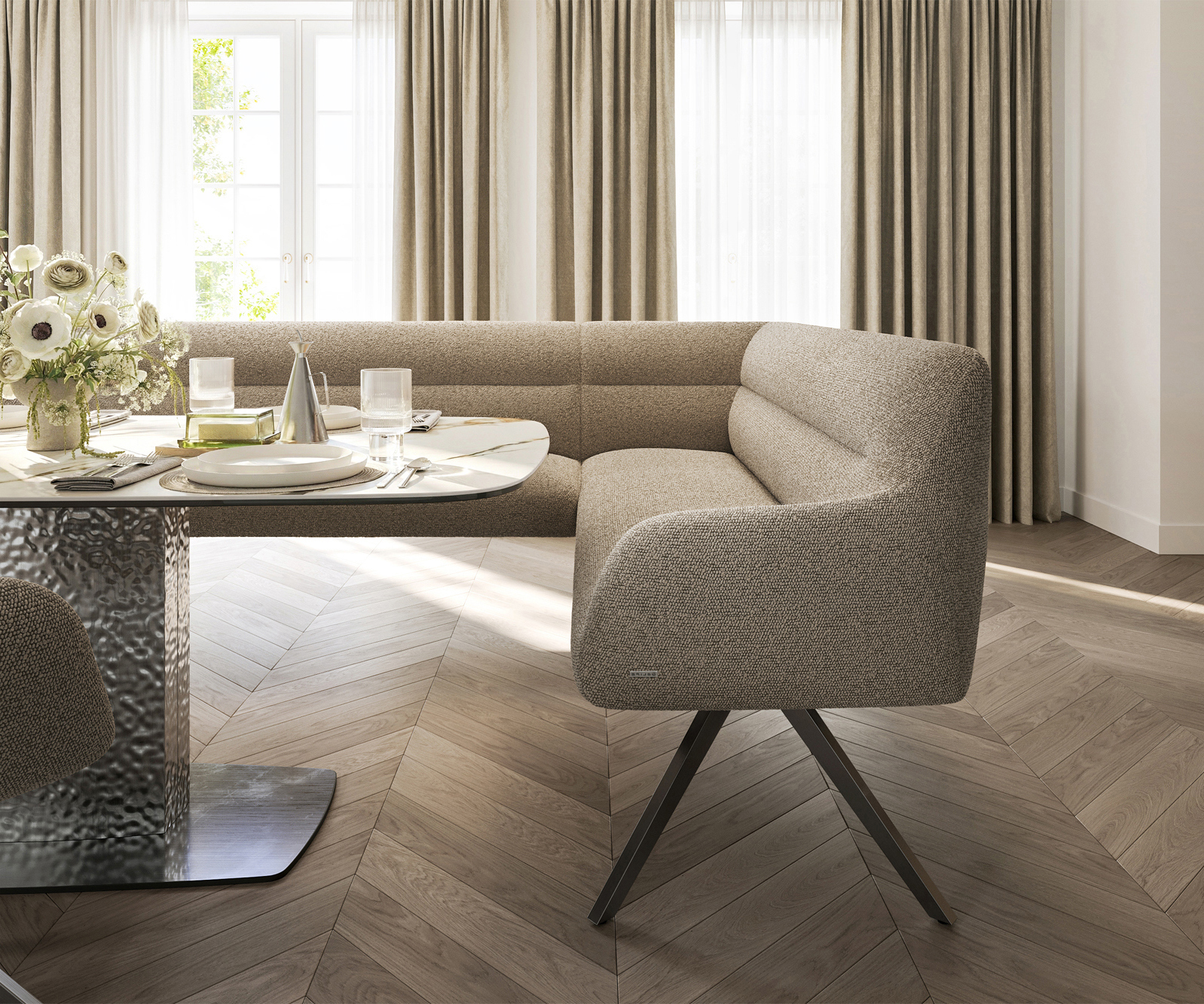 Étkezőpad Taya-Flex 285x190 cm bouclé sötét bézs kereszt láb szögletes grafit zsákrugó bal - Image 5