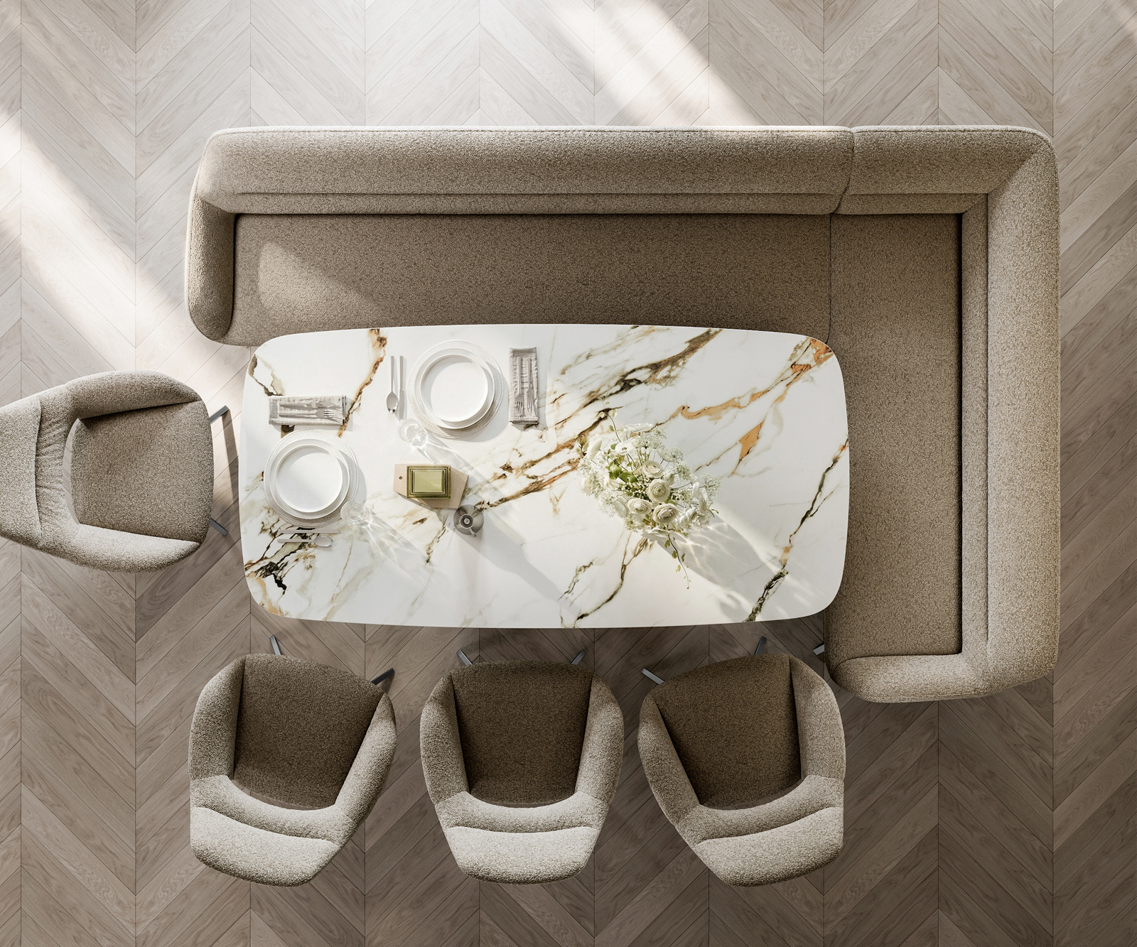 Étkezőpad Taya-Flex 285x190 cm bouclé sötét bézs kereszt láb szögletes grafit zsákrugó bal - Image 6