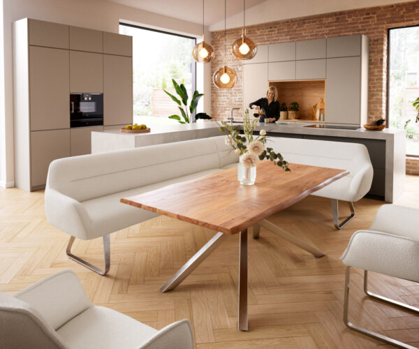 Étkezőpad Taya-Flex 285x190 cm bouclé krémfehér vékony láb lapos rozsdamentes acél zsákrugó bal