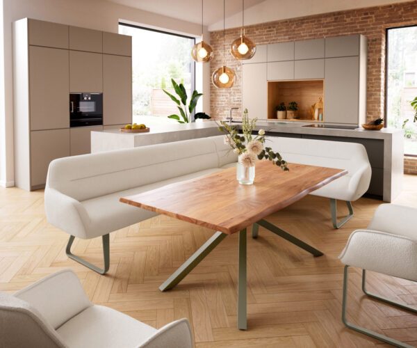 Étkezőpad Taya-Flex 285x190 cm bouclé krémfehér vékony láb lapos titánszínű hatású zsákrugós bal