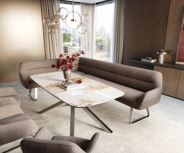 Étkezőpad Taya-Flex 285x190 cm strukturált szövet puha taupe vékony láb lapos rozsdamentes acél zsákrugó jobb