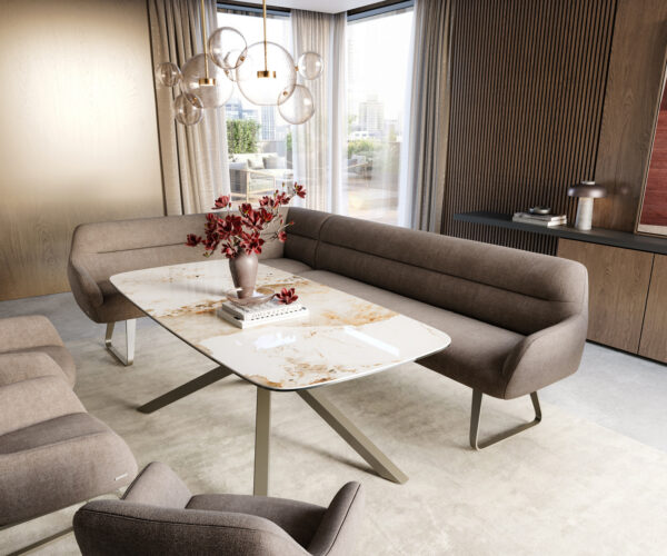 Étkezőpad Taya-Flex 285x190 cm strukturált szövet puha taupe vékony láb lapos titán színű hatású bevonat zsákrugós jobb