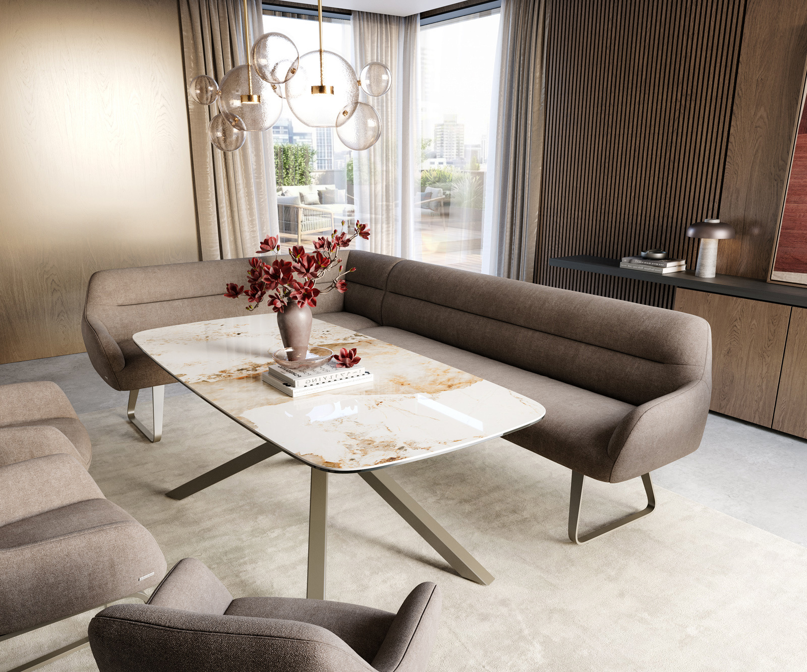 Étkezőpad Taya-Flex 285x190 cm strukturált szövet puha taupe vékony láb lapos titán színű hatású bevonat zsákrugós jobb