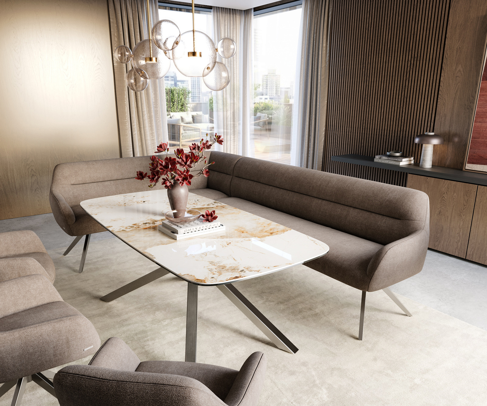 Étkezőpad Taya-Flex 285x190 cm strukturált szövet puha taupe kereszt láb szögletes rozsdamentes acél zsákrugó jobb oldal