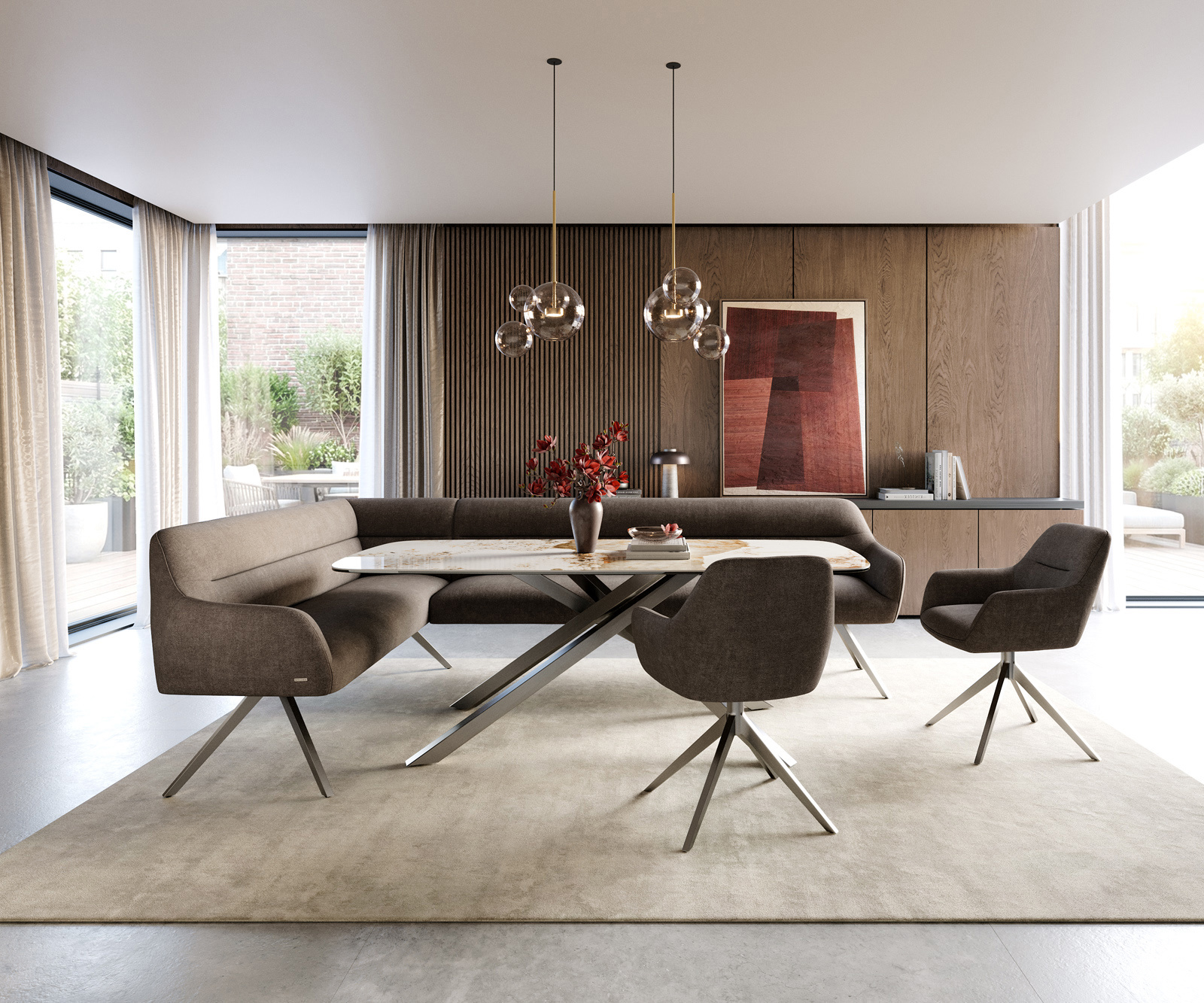 Étkezőpad Taya-Flex 285x190 cm strukturált szövet puha taupe kereszt láb szögletes rozsdamentes acél zsákrugó jobb oldal - Image 2