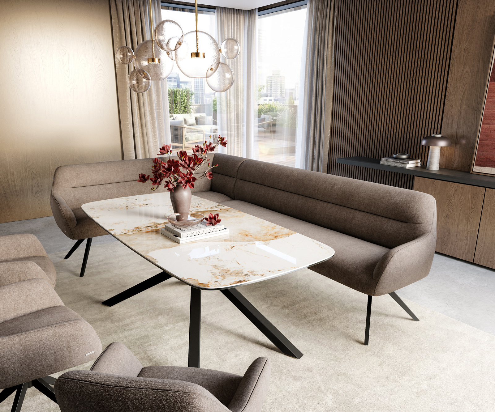 Étkezőpad Taya-Flex 285x190 cm strukturált szövet puha taupe kereszt láb szögletes fekete zsákrugó jobb oldali