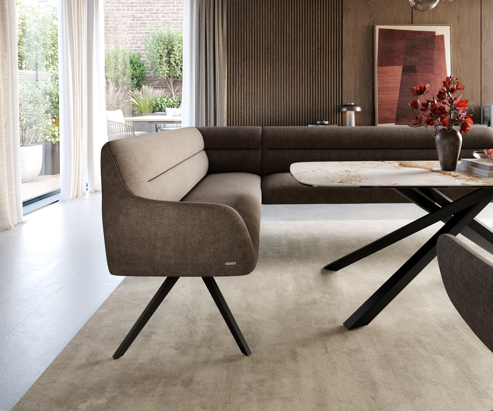 Étkezőpad Taya-Flex 285x190 cm strukturált szövet puha taupe kereszt láb szögletes fekete zsákrugó jobb oldali - Image 5