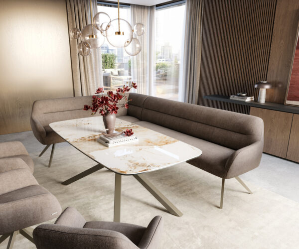 Étkezőpad Taya-Flex 285x190 cm strukturált szövet puha taupe kereszt láb szögletes titán színű hatás zsákrugós jobb oldali