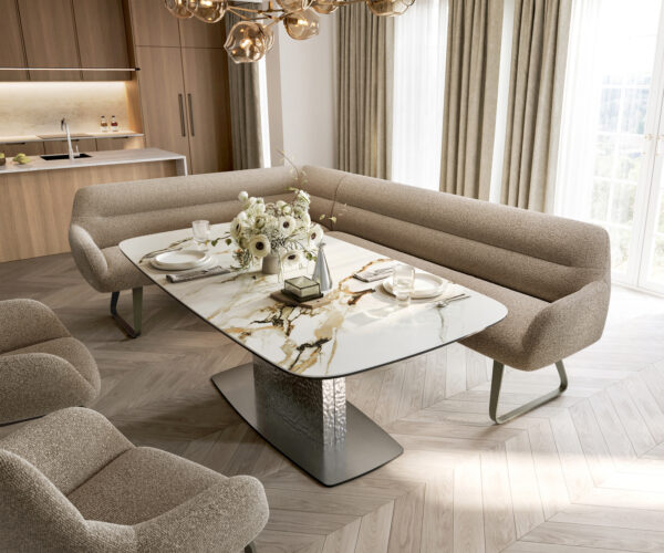 Étkezőpad Taya-Flex 285x190 cm bouclé sötét bézs vékony láb lapos titán színű hatás zsákrugós jobb