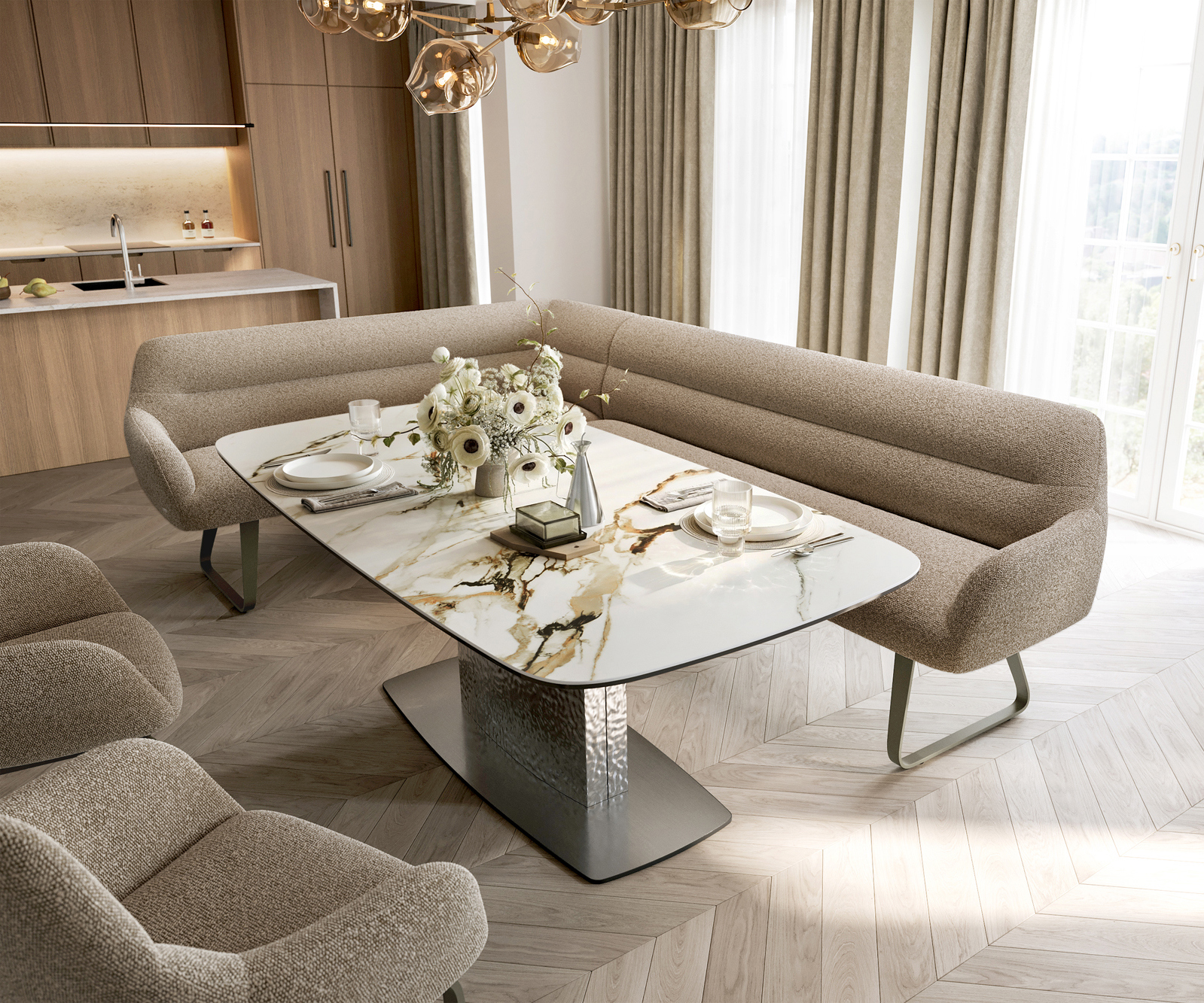 Étkezőpad Taya-Flex 285x190 cm bouclé sötét bézs vékony láb lapos titán színű hatás zsákrugós jobb