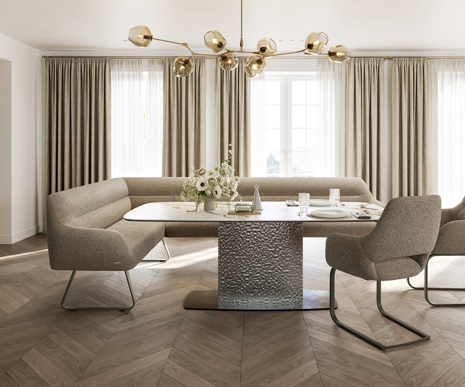 Étkezőpad Taya-Flex 285x190 cm bouclé sötét bézs vékony láb lapos titán színű hatás zsákrugós jobb - Image 2