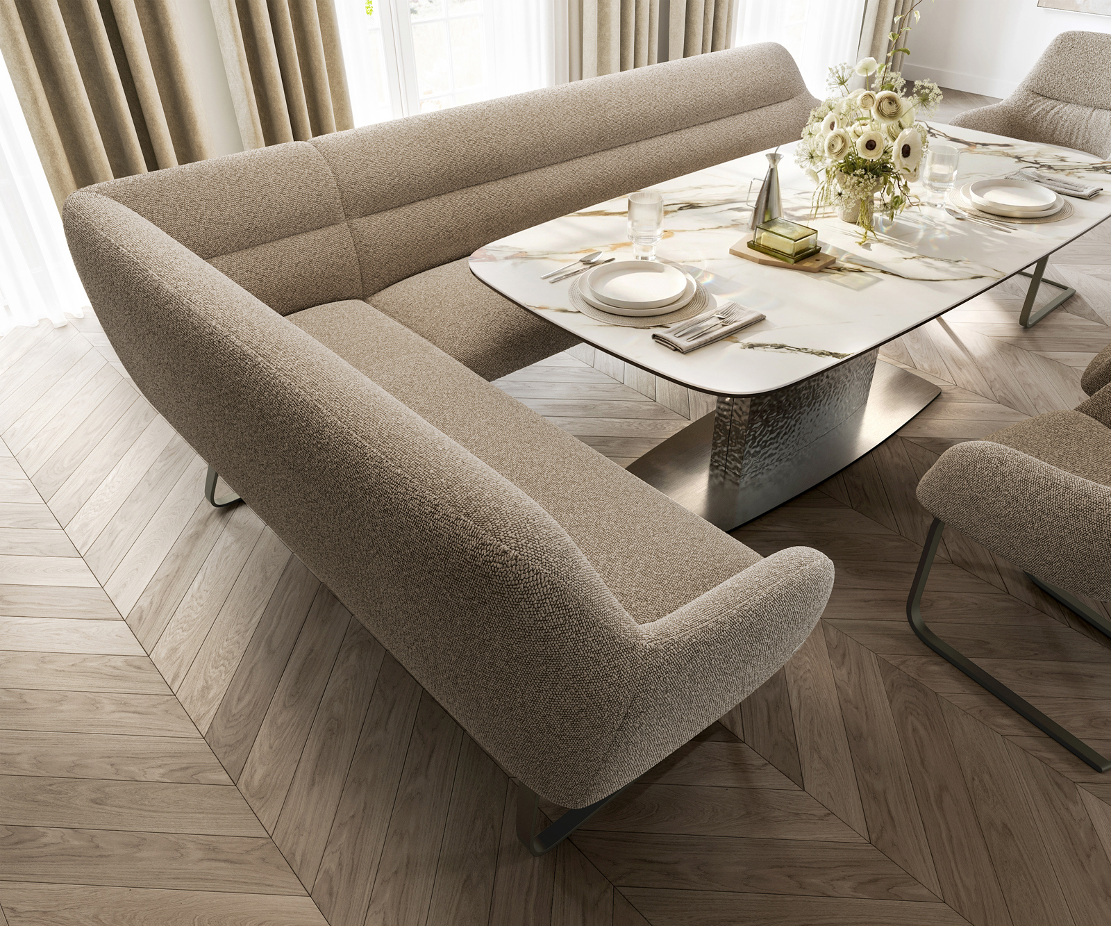 Étkezőpad Taya-Flex 285x190 cm bouclé sötét bézs vékony láb lapos titán színű hatás zsákrugós jobb - Image 4