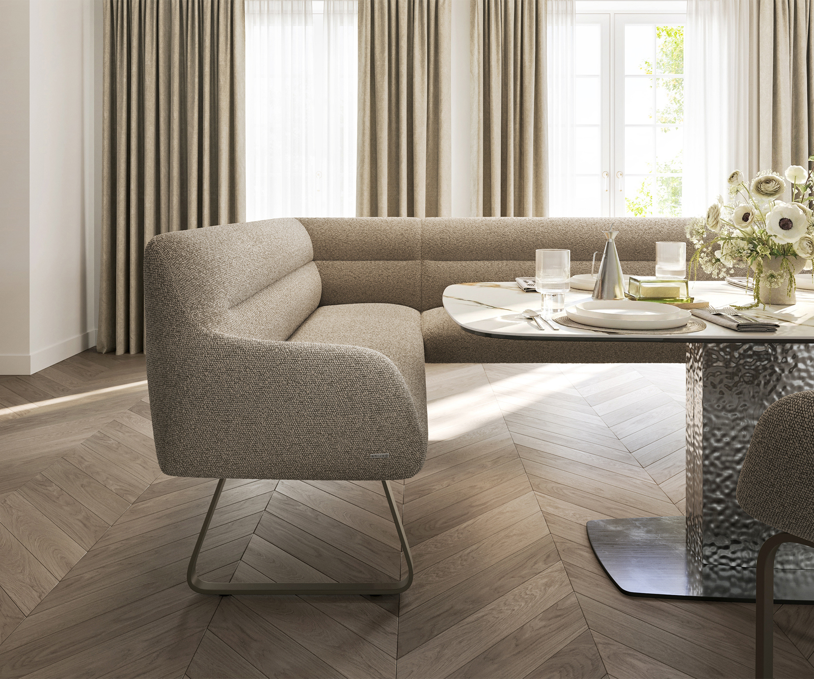 Étkezőpad Taya-Flex 285x190 cm bouclé sötét bézs vékony láb lapos titán színű hatás zsákrugós jobb - Image 5