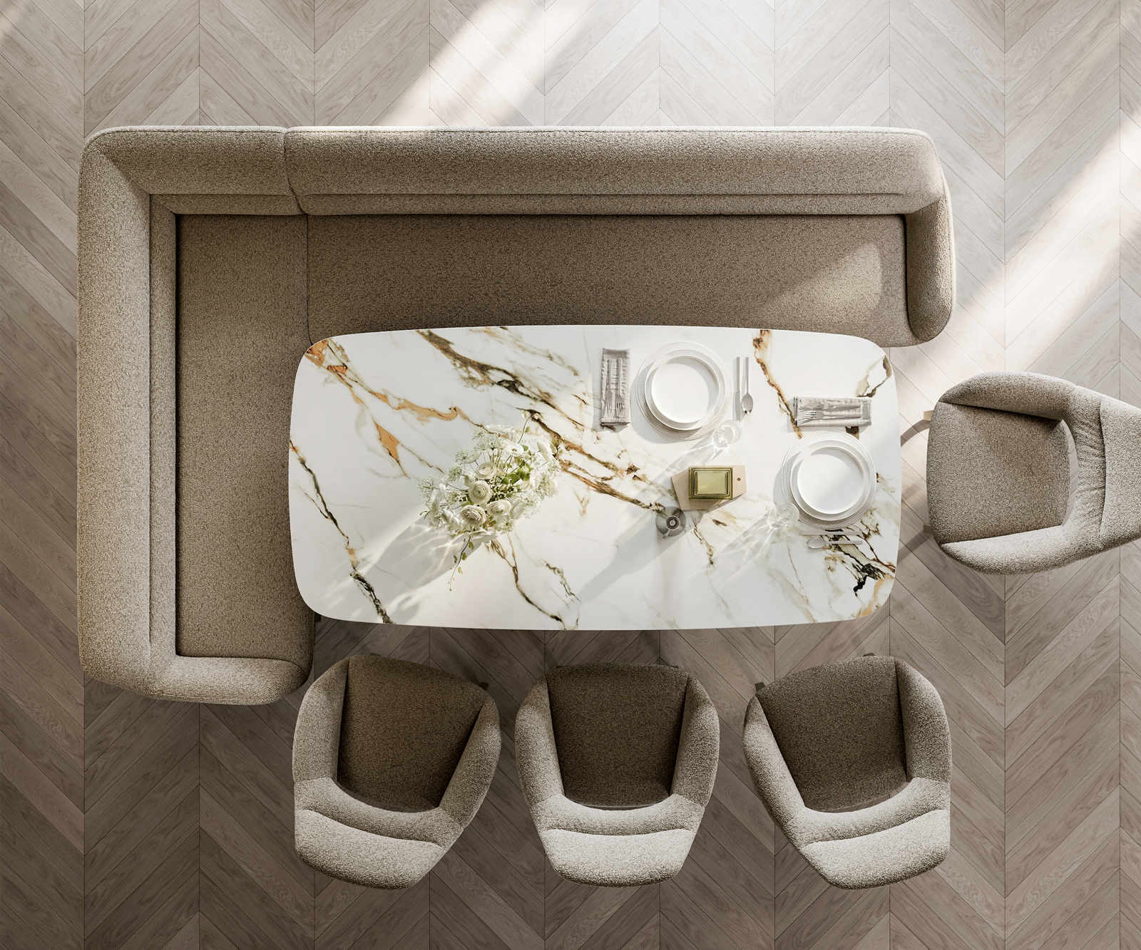 Étkezőpad Taya-Flex 285x190 cm bouclé sötét bézs vékony láb lapos titán színű hatás zsákrugós jobb - Image 6