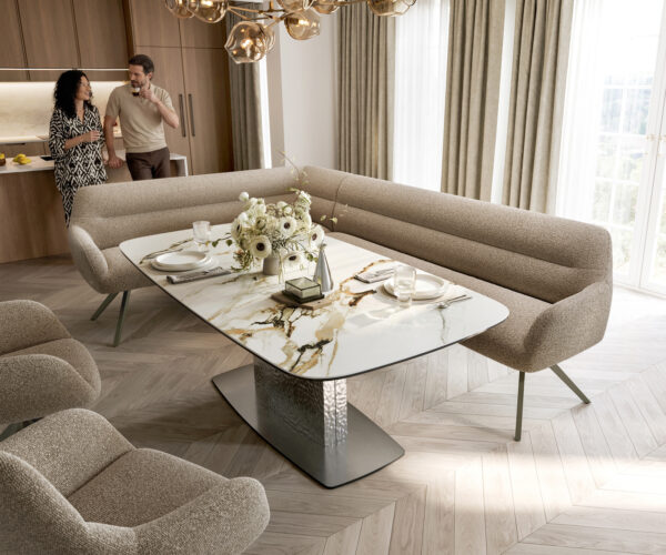 Étkezőpad Taya-Flex 285x190 cm bouclé sötét bézs kereszt láb szögletes titán színű hatás zsákrugós jobb