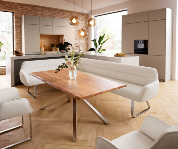 Étkezőpad Taya-Flex 285x190 cm bouclé krémfehér vékony láb lapos rozsdamentes acél zsákrugó jobb