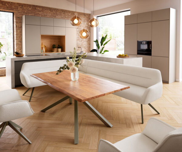 Étkezőpad Taya-Flex 285x190 cm bouclé krémfehér kereszt láb szögletes titán színű hatás zsákrugós jobb oldali