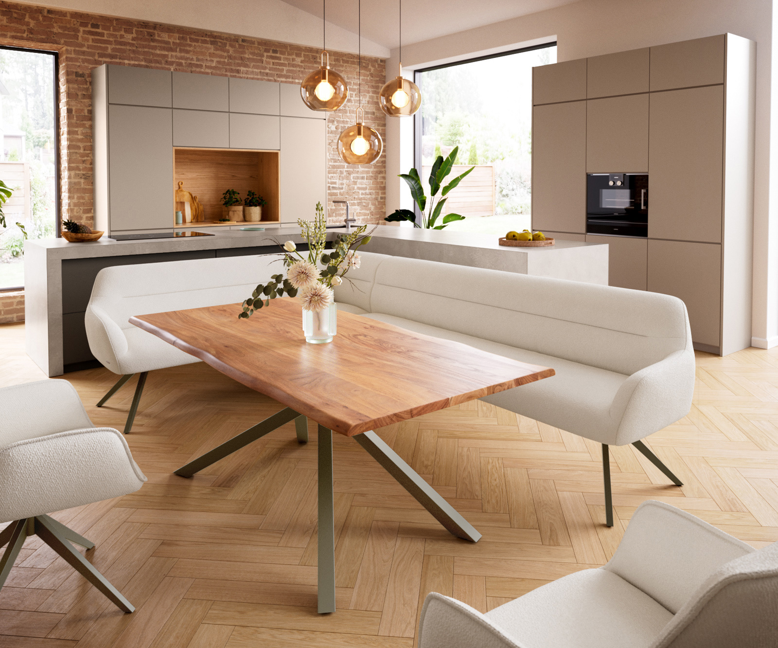 Étkezőpad Taya-Flex 285x190 cm bouclé krémfehér kereszt láb szögletes titán színű hatás zsákrugós jobb oldali