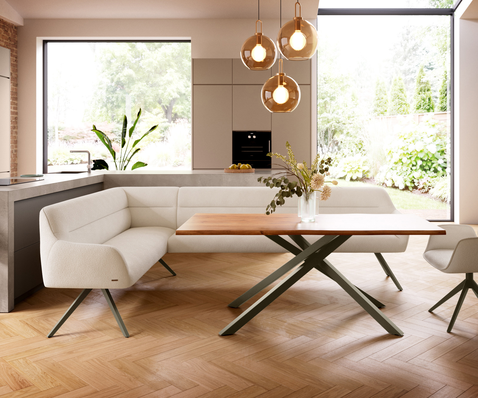 Étkezőpad Taya-Flex 285x190 cm bouclé krémfehér kereszt láb szögletes titán színű hatás zsákrugós jobb oldali - Image 2