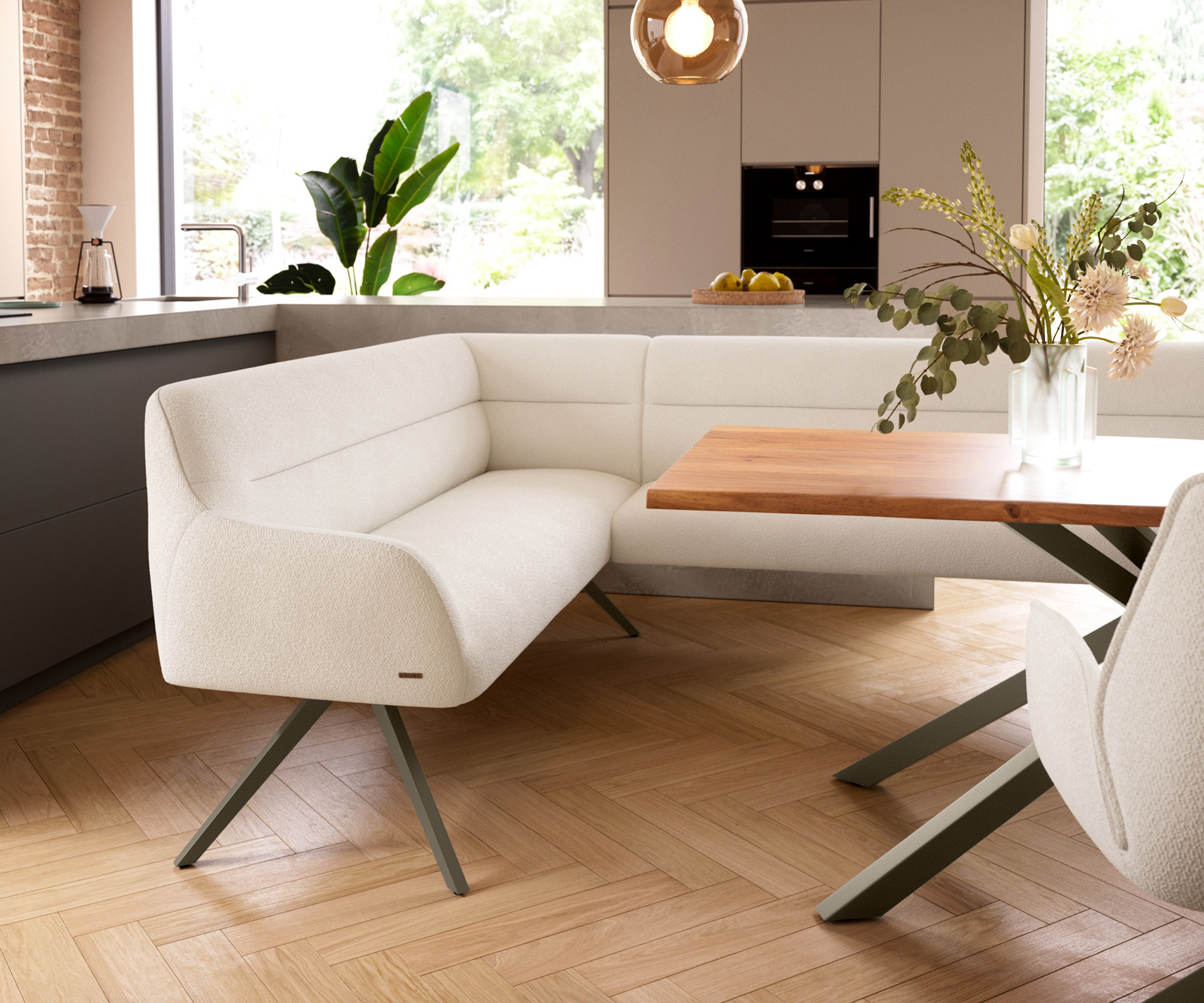 Étkezőpad Taya-Flex 285x190 cm bouclé krémfehér kereszt láb szögletes titán színű hatás zsákrugós jobb oldali - Image 5