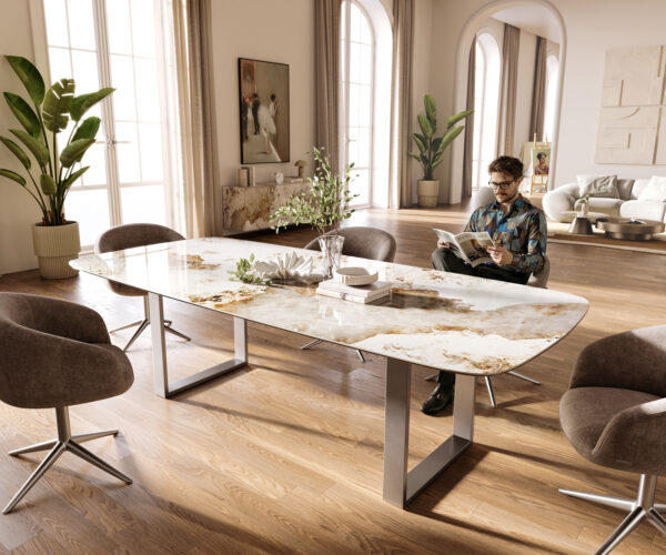 Étkezőasztal Edge hajóformájú 260x120 cm kerámia Minas Melange fehér-bézs rozsdamentes acél keskeny