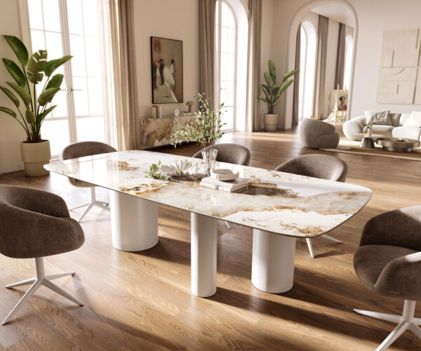 Étkezőasztal Edge hajóformájú 260x120 cm kerámia Minas Melange fehér-bézs Troa fém fehér